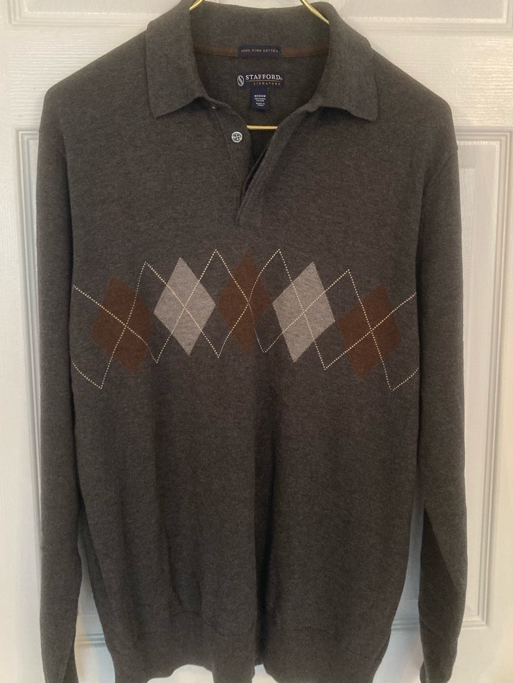 Stafford Signature Men’s Pima Cotton Argyle Polo Sweater Medium